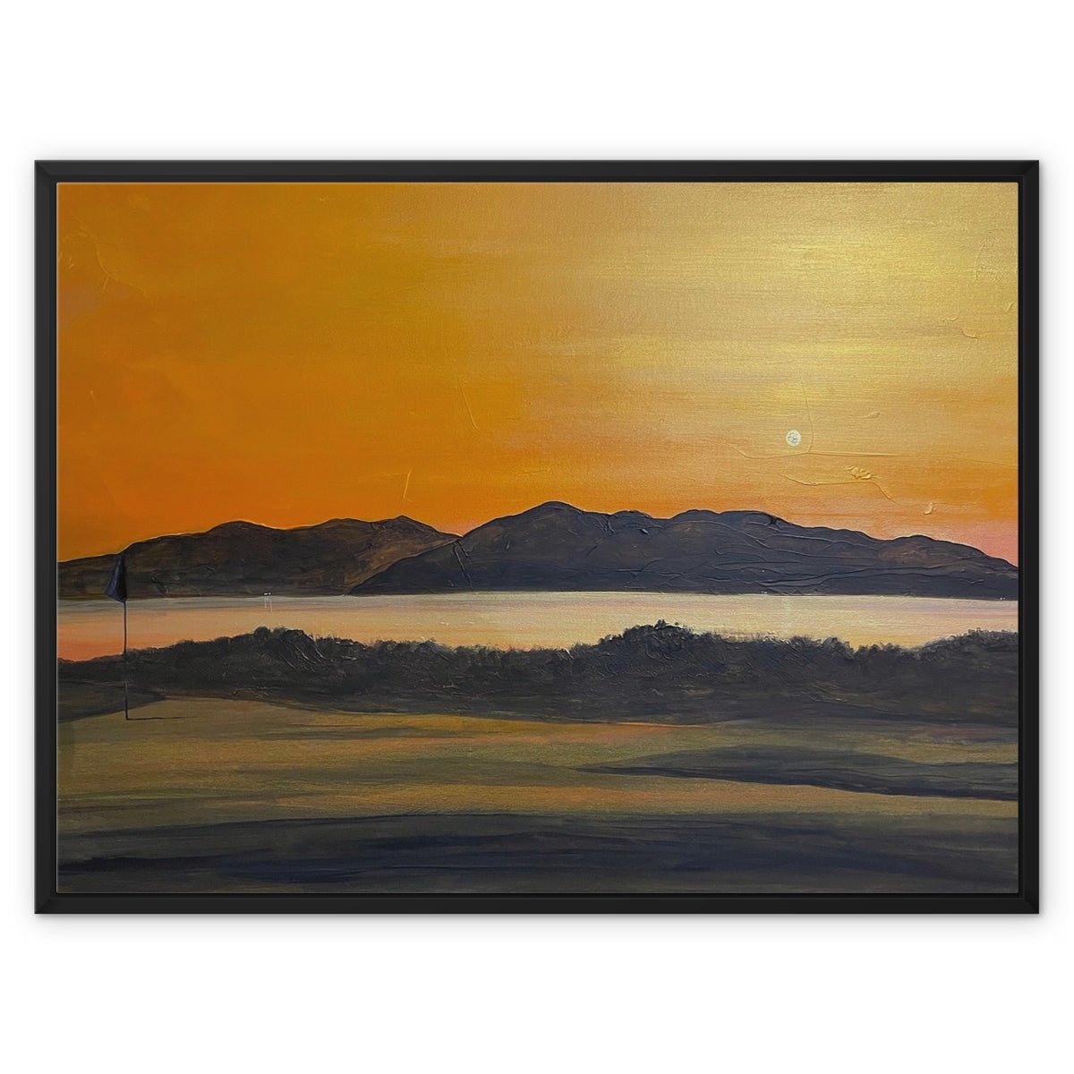 Arran & The 5th Green Royal Troon Golf Course Painting | Framed Canvas-Floating Framed Canvas Prints-Arran Art Gallery-32"x24"-Black Frame-Paintings, Prints, Homeware, Art Gifts From Scotland By Scottish Artist Kevin Hunter