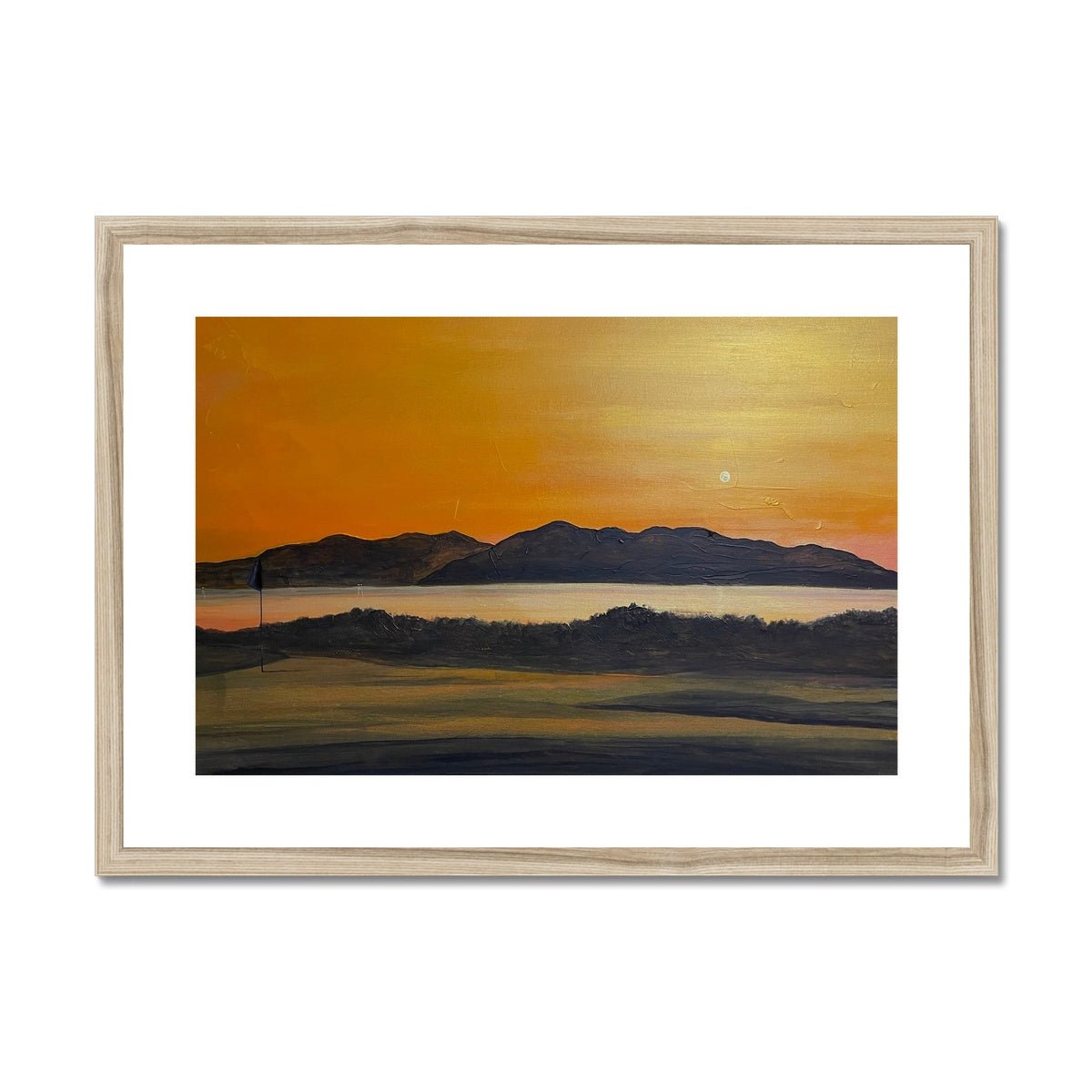 Arran & The 5th Green Royal Troon Golf Course Painting | Framed & Mounted Prints From Scotland-Framed & Mounted Prints-Arran Art Gallery-A2 Landscape-Natural Frame-Paintings, Prints, Homeware, Art Gifts From Scotland By Scottish Artist Kevin Hunter
