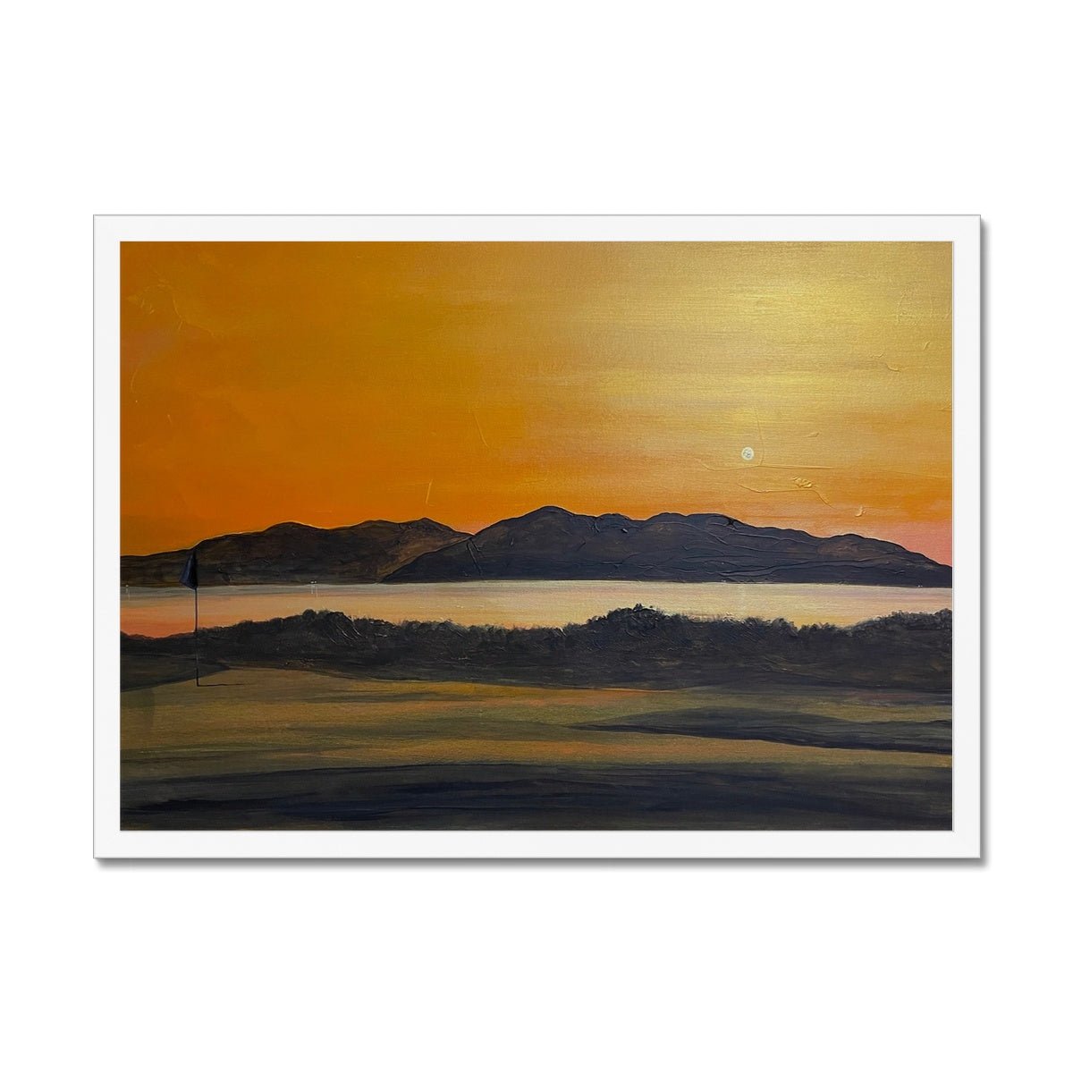 Arran & The 5th Green Royal Troon Golf Course Painting | Framed Prints From Scotland-Framed Prints-Arran Art Gallery-A2 Landscape-White Frame-Paintings, Prints, Homeware, Art Gifts From Scotland By Scottish Artist Kevin Hunter
