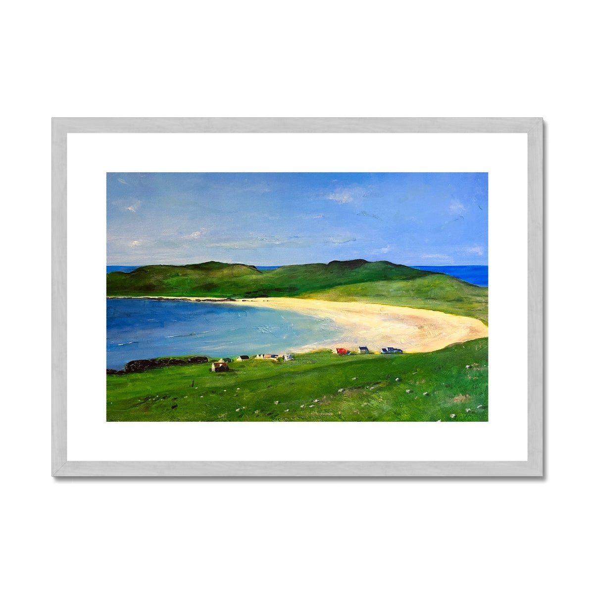 Balephuil Beach Tiree Painting | Antique Framed & Mounted Prints From Scotland-Antique Framed & Mounted Prints-Hebridean Islands Art Gallery-A2 Landscape-Silver Frame-Paintings, Prints, Homeware, Art Gifts From Scotland By Scottish Artist Kevin Hunter