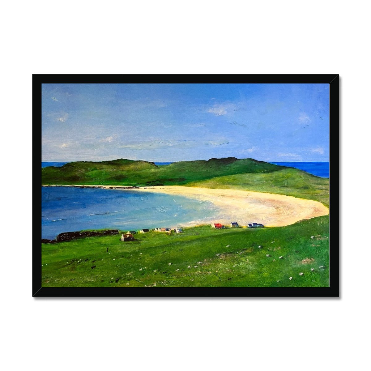 Balephuil Beach Tiree Painting | Framed Prints From Scotland-Framed Prints-Hebridean Islands Art Gallery-A2 Landscape-Black Frame-Paintings, Prints, Homeware, Art Gifts From Scotland By Scottish Artist Kevin Hunter