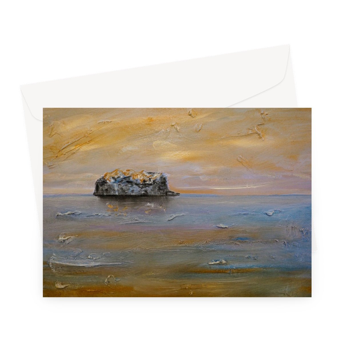 Bass Rock Dawn Art Gifts Greeting Card-Greetings Cards-Edinburgh & Glasgow Art Gallery-A5 Landscape-1 Card-Paintings, Prints, Homeware, Art Gifts From Scotland By Scottish Artist Kevin Hunter