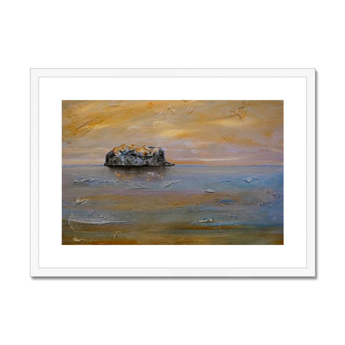 Bass Rock Dawn Painting | Framed & Mounted Prints From Scotland-Framed & Mounted Prints-Edinburgh & Glasgow Art Gallery-A2 Landscape-White Frame-Paintings, Prints, Homeware, Art Gifts From Scotland By Scottish Artist Kevin Hunter