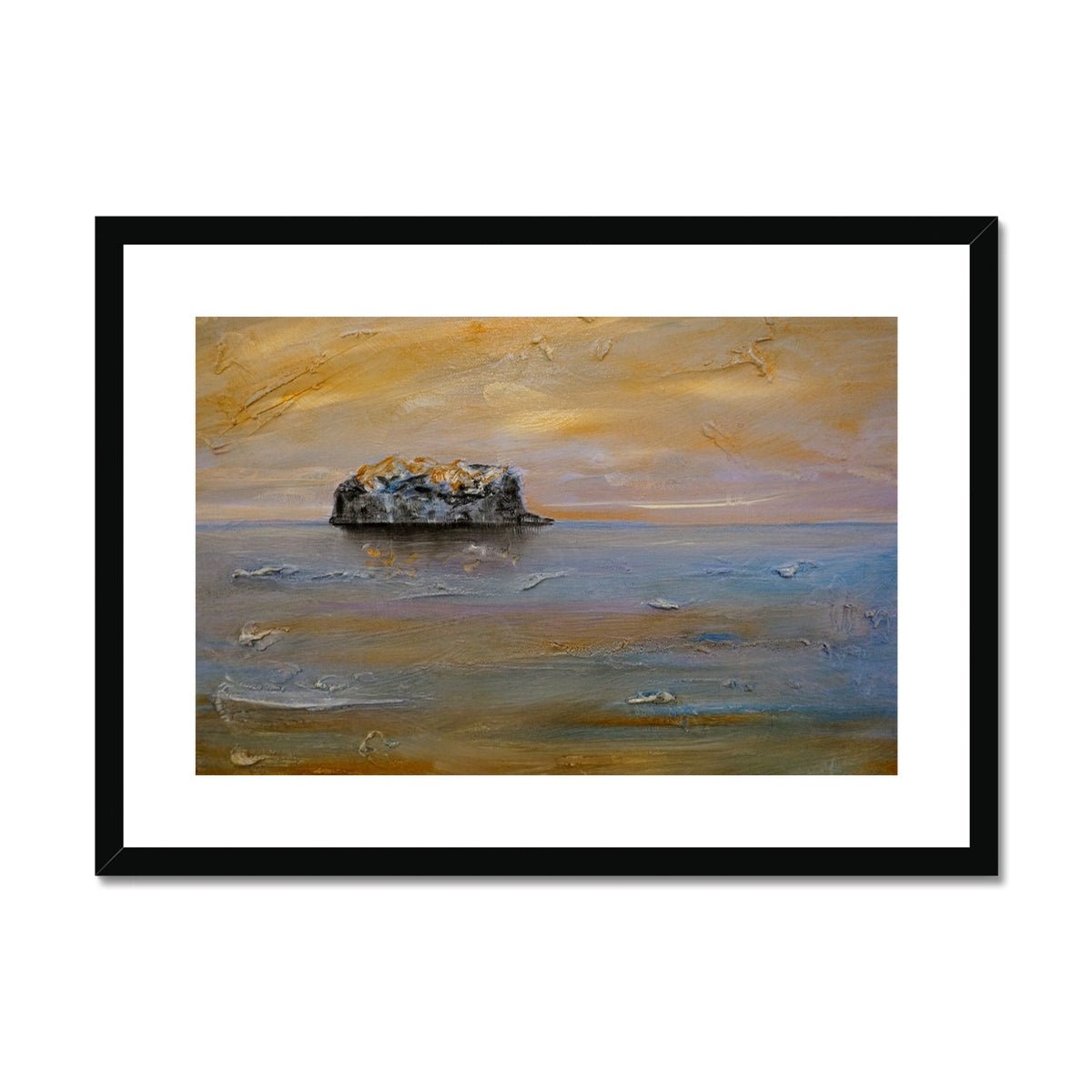 Bass Rock Dawn Painting | Framed & Mounted Prints From Scotland-Framed & Mounted Prints-Edinburgh & Glasgow Art Gallery-A2 Landscape-Black Frame-Paintings, Prints, Homeware, Art Gifts From Scotland By Scottish Artist Kevin Hunter