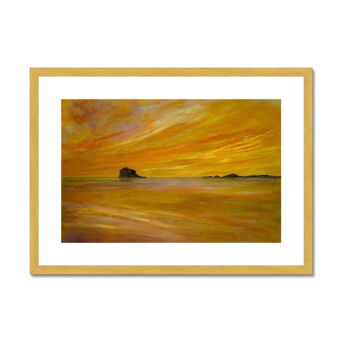 Bass Rock Dusk Painting | Antique Framed & Mounted Prints From Scotland-Antique Framed & Mounted Prints-Edinburgh & Glasgow Art Gallery-A2 Landscape-Gold Frame-Paintings, Prints, Homeware, Art Gifts From Scotland By Scottish Artist Kevin Hunter
