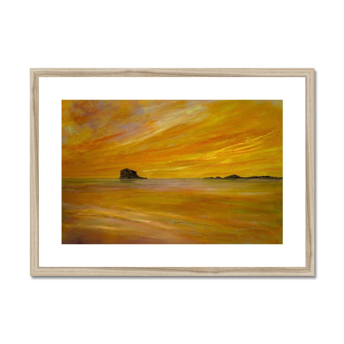 Bass Rock Dusk Painting | Framed & Mounted Prints From Scotland-Framed & Mounted Prints-Edinburgh & Glasgow Art Gallery-A2 Landscape-Natural Frame-Paintings, Prints, Homeware, Art Gifts From Scotland By Scottish Artist Kevin Hunter