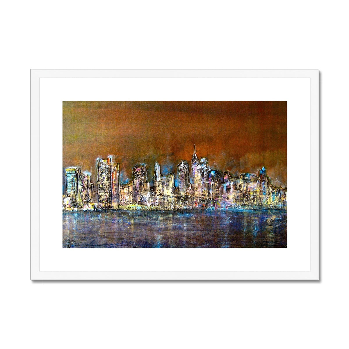 Manhattan Nights Painting | Framed & Mounted Prints From Scotland-Framed & Mounted Prints-World Art Gallery-A2 Landscape-White Frame-Paintings, Prints, Homeware, Art Gifts From Scotland By Scottish Artist Kevin Hunter