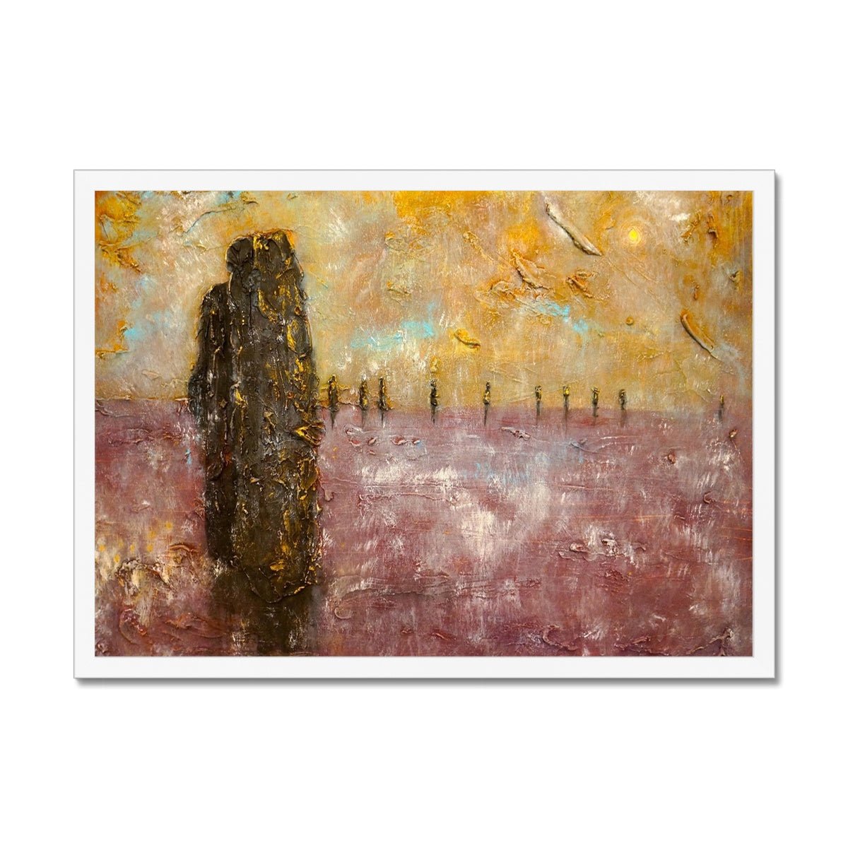 Brodgar Mist Orkney Painting | Framed Prints From Scotland-Framed Prints-Orkney Art Gallery-A2 Landscape-White Frame-Paintings, Prints, Homeware, Art Gifts From Scotland By Scottish Artist Kevin Hunter