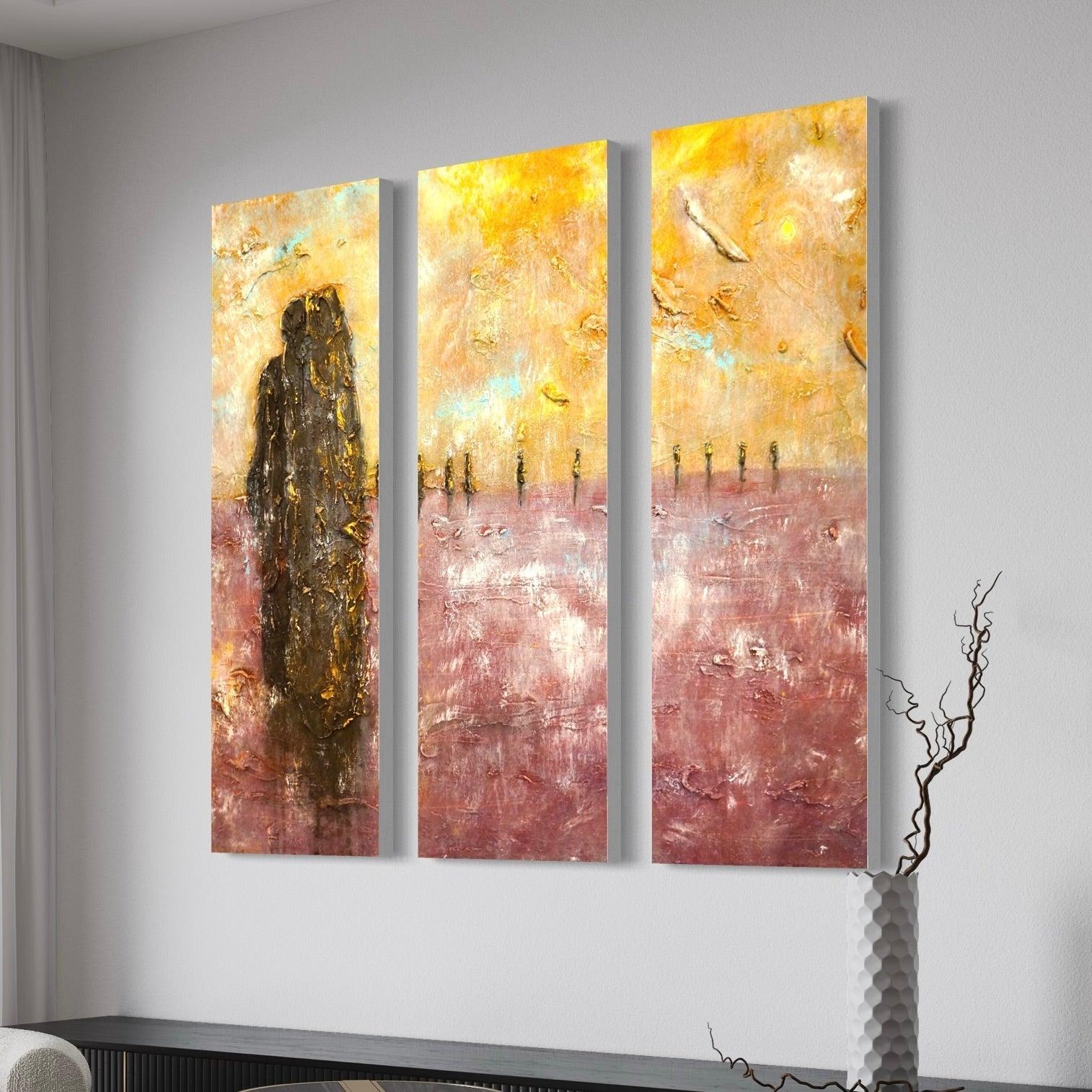 Brodgar Mist Orkney Painting Signed Fine Art Triptych Canvas-Statement Wall Art-Orkney Art Gallery-Paintings, Prints, Homeware, Art Gifts From Scotland By Scottish Artist Kevin Hunter