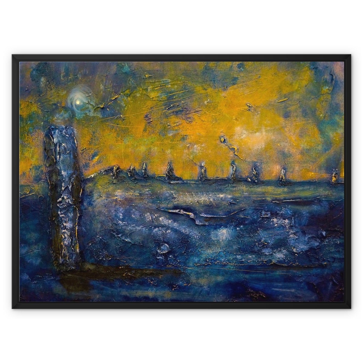 Brodgar Moonlight Orkney Painting | Framed Canvas From Scotland-Floating Framed Canvas Prints-Orkney Art Gallery-32"x24"-Black Frame-Paintings, Prints, Homeware, Art Gifts From Scotland By Scottish Artist Kevin Hunter