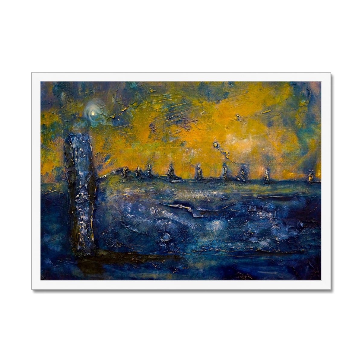 Brodgar Moonlight Orkney Painting | Framed Prints From Scotland-Framed Prints-Orkney Art Gallery-A2 Landscape-White Frame-Paintings, Prints, Homeware, Art Gifts From Scotland By Scottish Artist Kevin Hunter