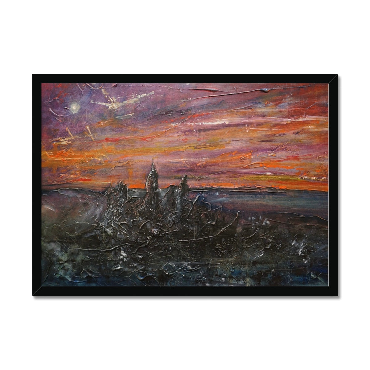Storr Moonlight Skye Painting | Framed Prints From Scotland-Framed Prints-Skye Art Gallery-A2 Landscape-Black Frame-Paintings, Prints, Homeware, Art Gifts From Scotland By Scottish Artist Kevin Hunter