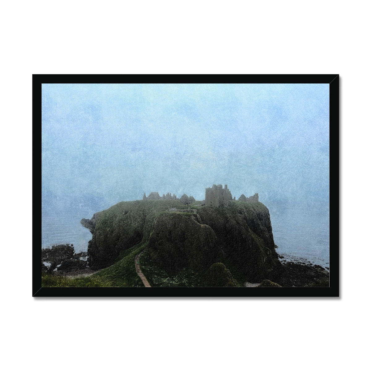 Dunnottar Castle Mist Painting | Framed Prints From Scotland-Framed Prints-Historic & Iconic Scotland Art Gallery-A2 Landscape-Black Frame-Paintings, Prints, Homeware, Art Gifts From Scotland By Scottish Artist Kevin Hunter