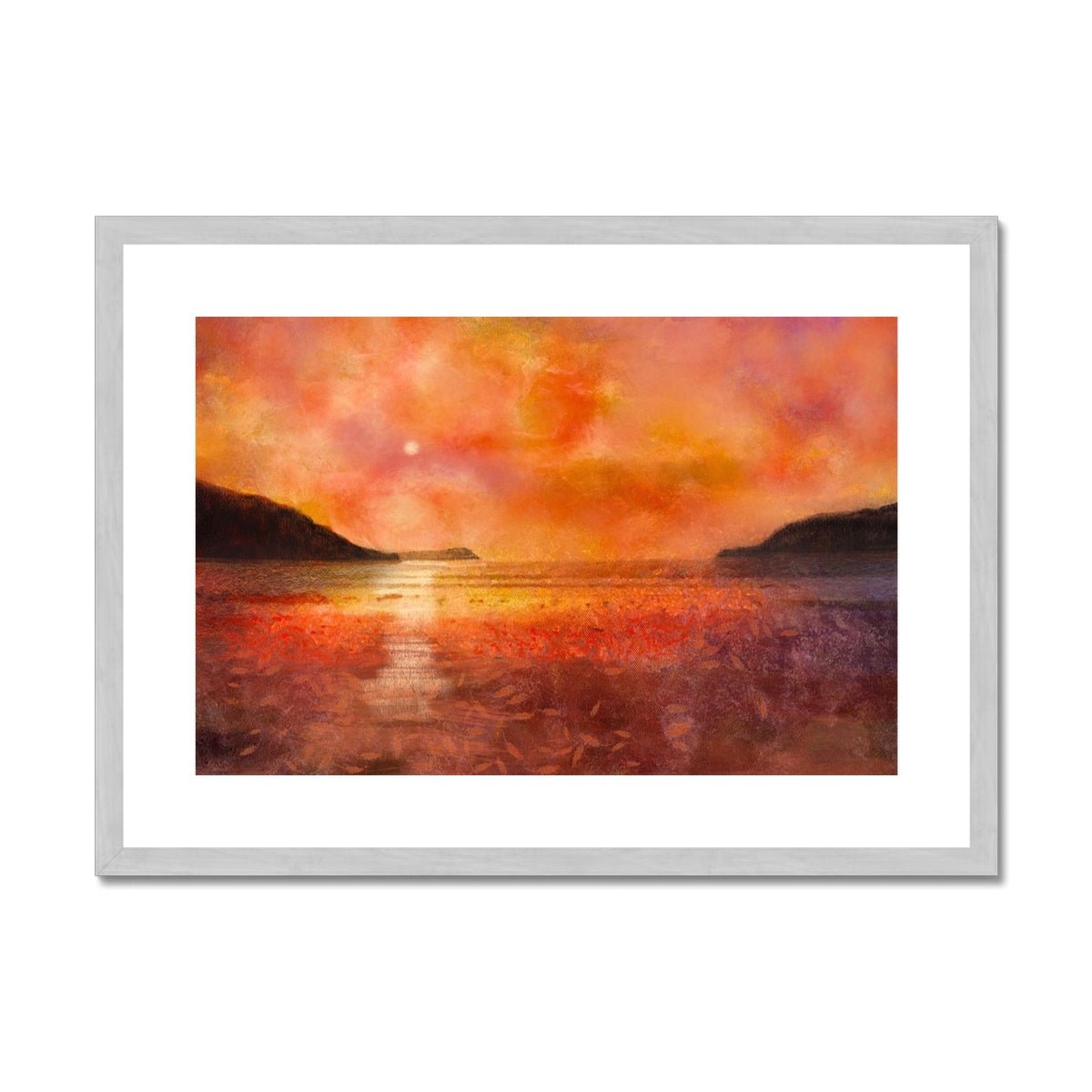 Calgary Beach Sunset Mull Painting | Antique Framed & Mounted Prints From Scotland-Antique Framed & Mounted Prints-Hebridean Islands Art Gallery-A2 Landscape-Silver Frame-Paintings, Prints, Homeware, Art Gifts From Scotland By Scottish Artist Kevin Hunter