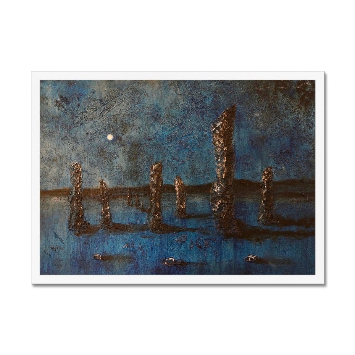 Callanish Moonlight Lewis Painting | Framed Prints From Scotland-Framed Prints-Hebridean Islands Art Gallery-A2 Landscape-White Frame-Paintings, Prints, Homeware, Art Gifts From Scotland By Scottish Artist Kevin Hunter