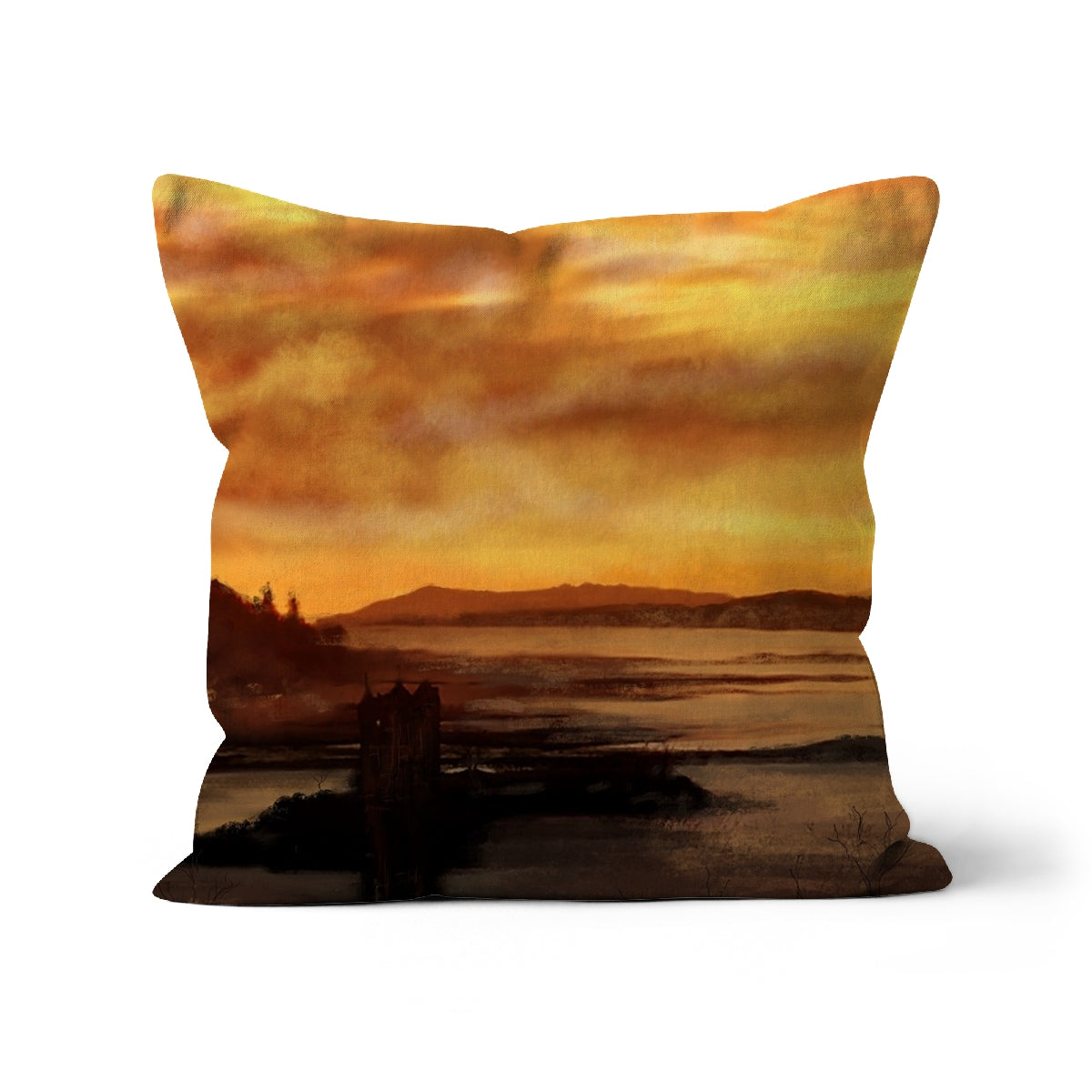 Castle Stalker Dusk Art Gifts Cushion | Historic &amp; Iconic Scotland Art Gallery | Paintings, Prints, Homeware and Art Gifts From Scotland By Scottish Artist Kevin Hunter