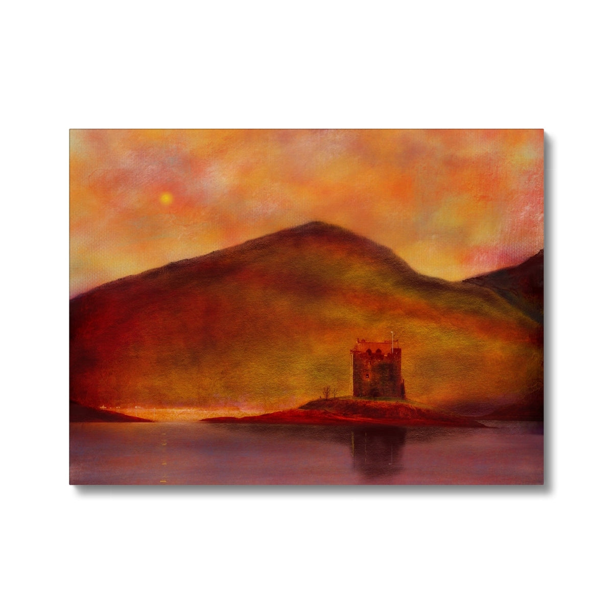 Castle Stalker Sunset Canvas | Historic & Iconic Scotland Art Gallery | Paintings, Prints, Homeware and Art Gifts From Scotland By Scottish Artist Kevin Hunter