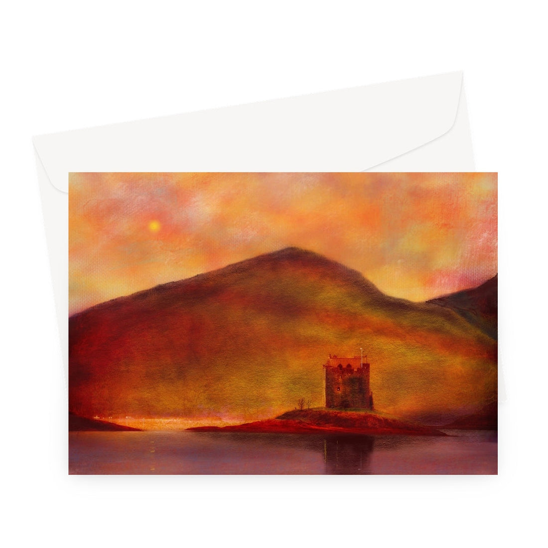 Castle Stalker Sunset Scottish Art Gifts Greeting Card | Historic &amp; Iconic Scotland Art Gallery | Paintings, Prints, Homeware and Art Gifts From Scotland By Scottish Artist Kevin Hunter