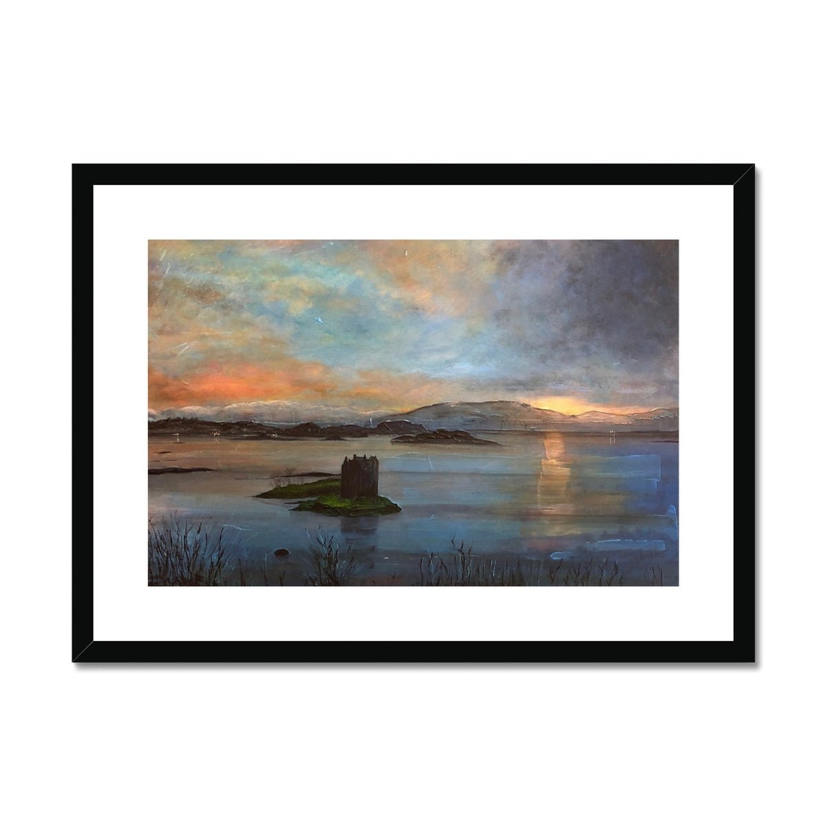 Castle Stalker Twilight Painting | Framed & Mounted Prints From Scotland-Framed & Mounted Prints-Historic & Iconic Scotland Art Gallery-A2 Landscape-Black Frame-Paintings, Prints, Homeware, Art Gifts From Scotland By Scottish Artist Kevin Hunter
