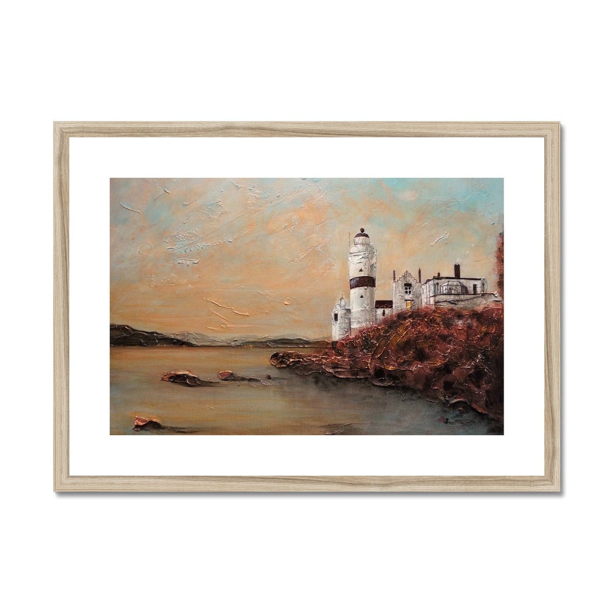 Cloch Lighthouse Dawn Painting | Framed & Mounted Prints From Scotland-Framed & Mounted Prints-River Clyde Art Gallery-A2 Landscape-Natural Frame-Paintings, Prints, Homeware, Art Gifts From Scotland By Scottish Artist Kevin Hunter