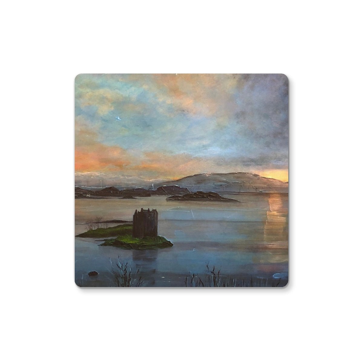 Castle Stalker Twilight Art Gift Coaster-Coasters-Scottish Castles Art Gallery-4 Coasters-Paintings, Prints, Homeware, Art Gifts From Scotland By Scottish Artist Kevin Hunter