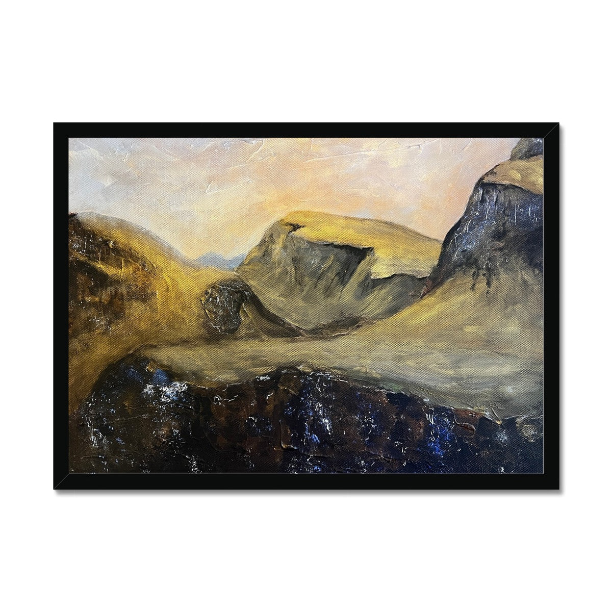The Quiraing Skye Painting | Framed Prints From Scotland-Framed Prints-Skye Art Gallery-A2 Landscape-Black Frame-Paintings, Prints, Homeware, Art Gifts From Scotland By Scottish Artist Kevin Hunter