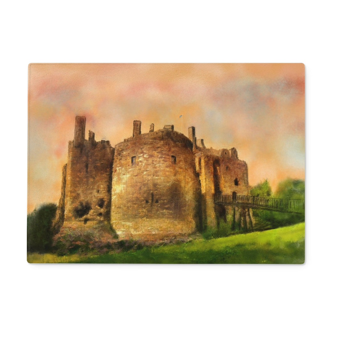 Dirleton Castle Art Gifts Glass Chopping Board | Historic &amp; Iconic Scotland Art Gallery | Paintings, Prints, Homeware and Art Gifts From Scotland By Scottish Artist Kevin Hunter