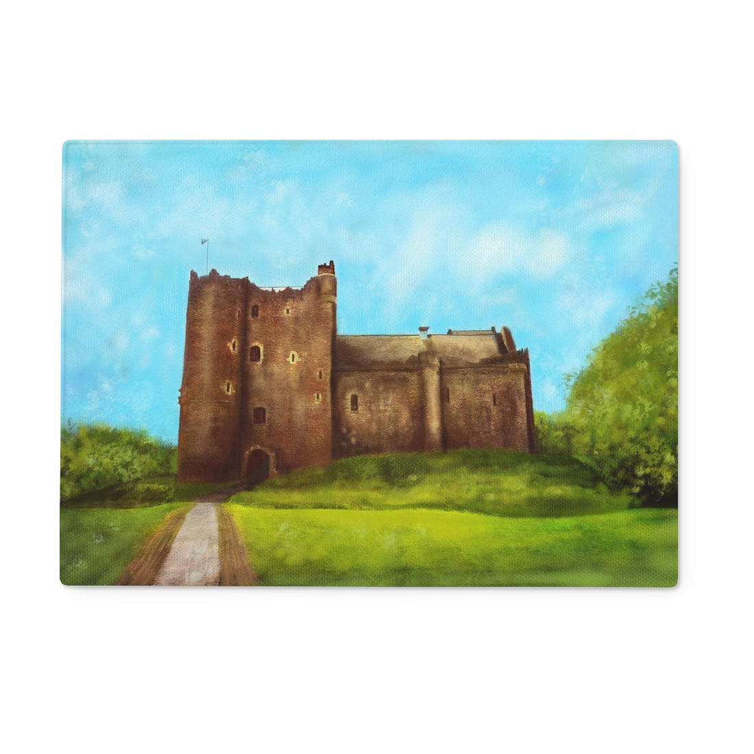 Doune Castle Art Gifts Glass Chopping Board | Historic &amp; Iconic Scotland Art Gallery | Paintings, Prints, Homeware and Art Gifts From Scotland By Scottish Artist Kevin Hunter