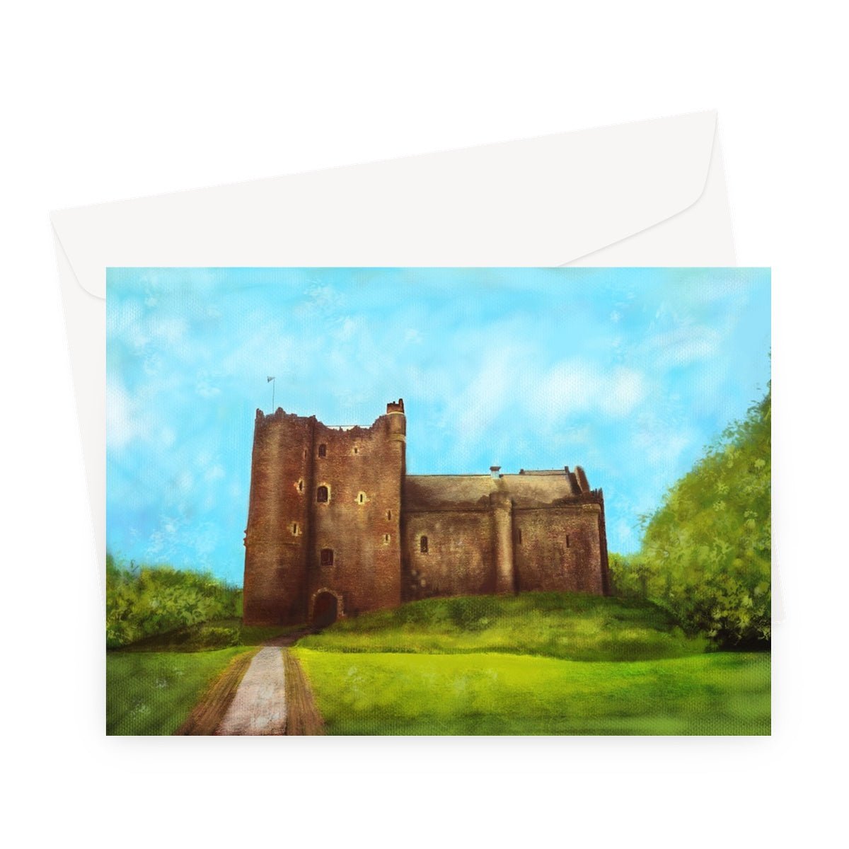 Doune Castle Art Gifts Greeting Card-Greetings Cards-Scottish Castles Art Gallery-A5 Landscape-1 Card-Paintings, Prints, Homeware, Art Gifts From Scotland By Scottish Artist Kevin Hunter