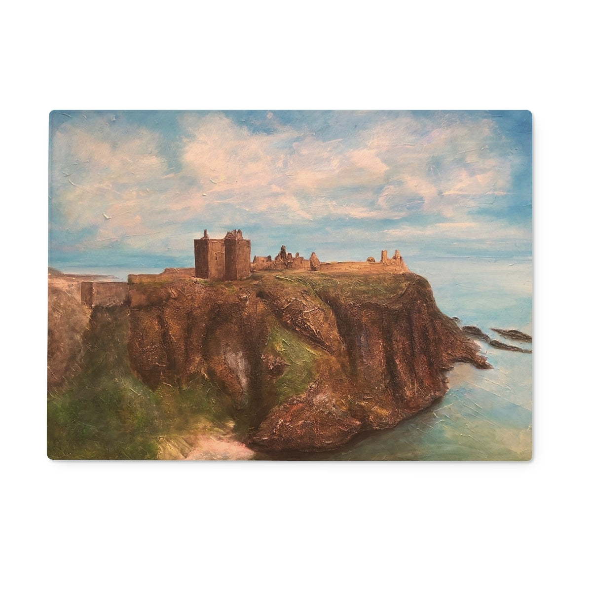 Dunnottar Castle Art Gifts Glass Chopping Board | Historic &amp; Iconic Scotland Art Gallery | Paintings, Prints, Homeware and Art Gifts From Scotland By Scottish Artist Kevin Hunter