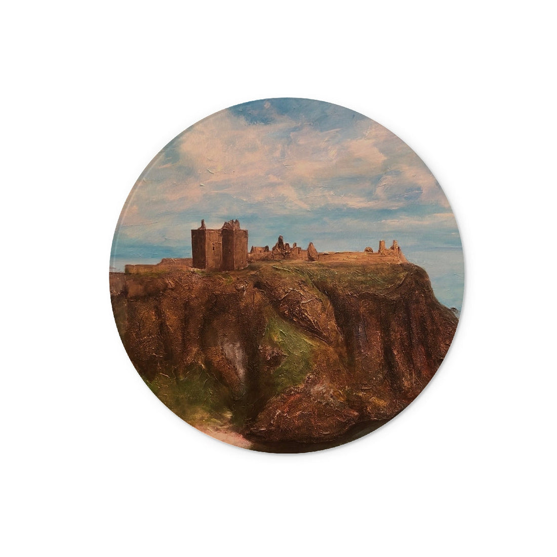 Dunnottar Castle Art Gifts Glass Chopping Board | Historic &amp; Iconic Scotland Art Gallery | Paintings, Prints, Homeware and Art Gifts From Scotland By Scottish Artist Kevin Hunter