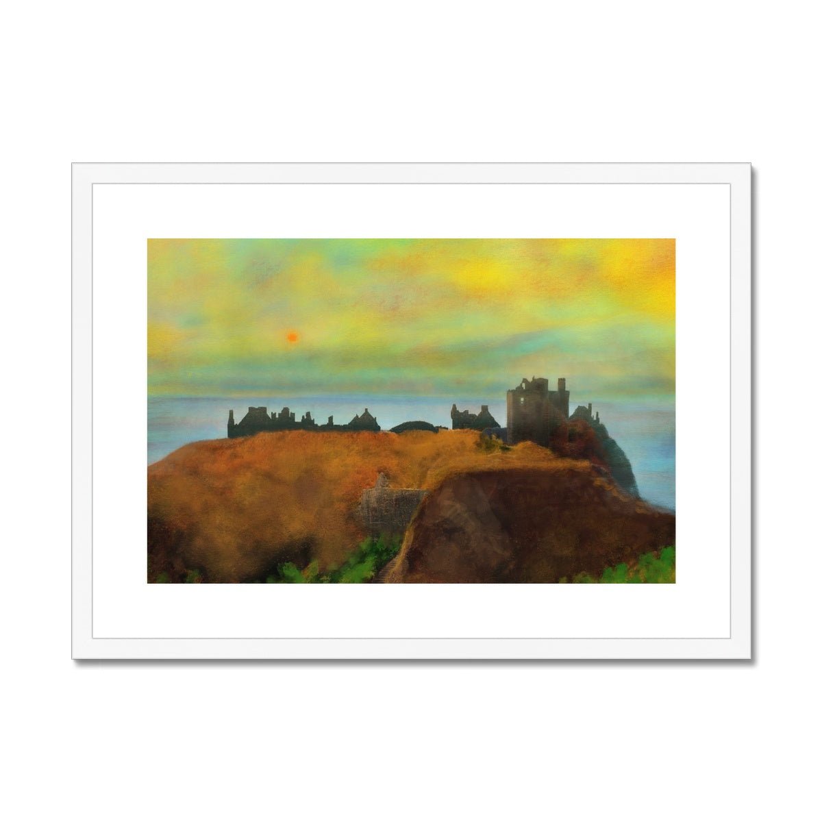 Dunnottar Castle Dusk Painting | Framed & Mounted Prints From Scotland-Framed & Mounted Prints-Historic & Iconic Scotland Art Gallery-A2 Landscape-White Frame-Paintings, Prints, Homeware, Art Gifts From Scotland By Scottish Artist Kevin Hunter