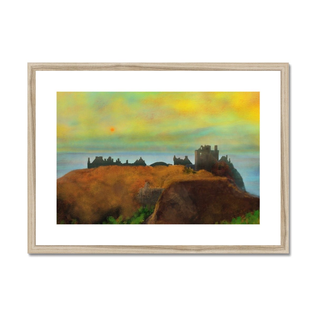 Dunnottar Castle Dusk Painting | Framed & Mounted Prints From Scotland-Framed & Mounted Prints-Historic & Iconic Scotland Art Gallery-A2 Landscape-Natural Frame-Paintings, Prints, Homeware, Art Gifts From Scotland By Scottish Artist Kevin Hunter
