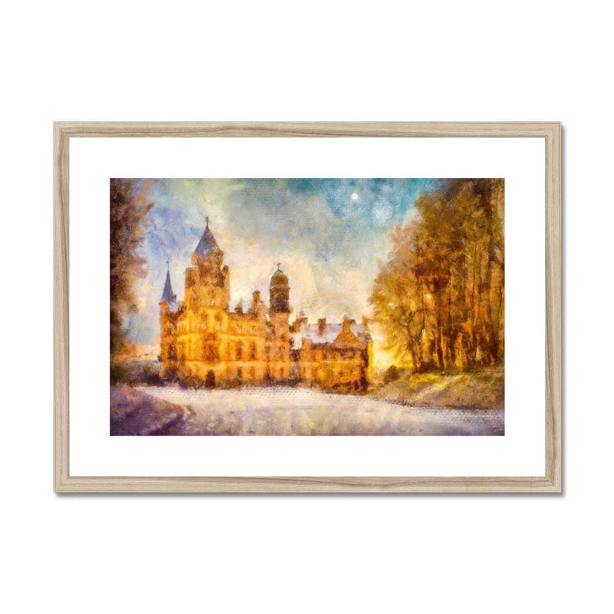 Dunrobin Castle Moonlight Painting | Framed & Mounted Prints From Scotland-Framed & Mounted Prints-Historic & Iconic Scotland Art Gallery-A2 Landscape-Natural Frame-Paintings, Prints, Homeware, Art Gifts From Scotland By Scottish Artist Kevin Hunter