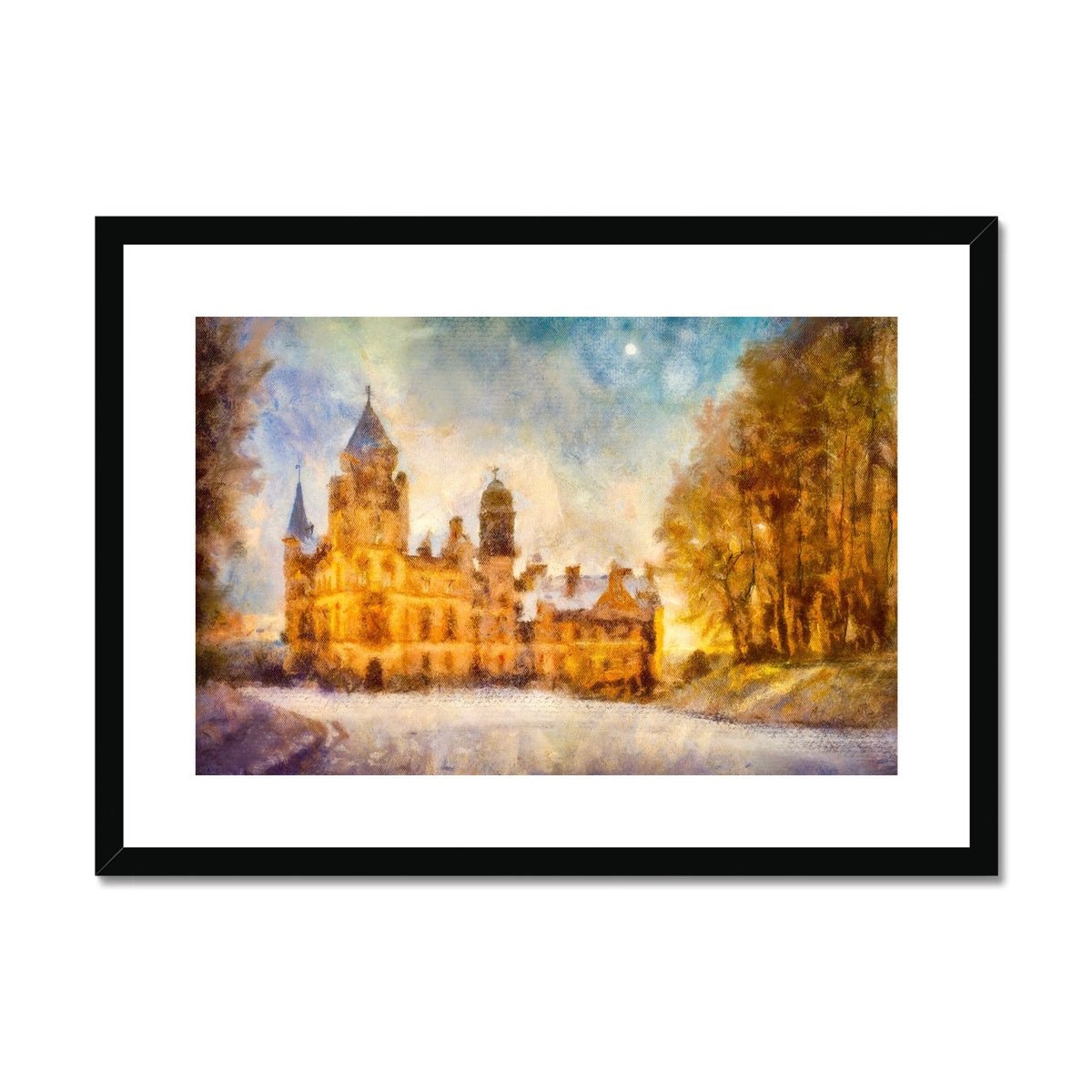 Dunrobin Castle Moonlight Painting | Framed & Mounted Prints From Scotland-Framed & Mounted Prints-Historic & Iconic Scotland Art Gallery-A2 Landscape-Black Frame-Paintings, Prints, Homeware, Art Gifts From Scotland By Scottish Artist Kevin Hunter