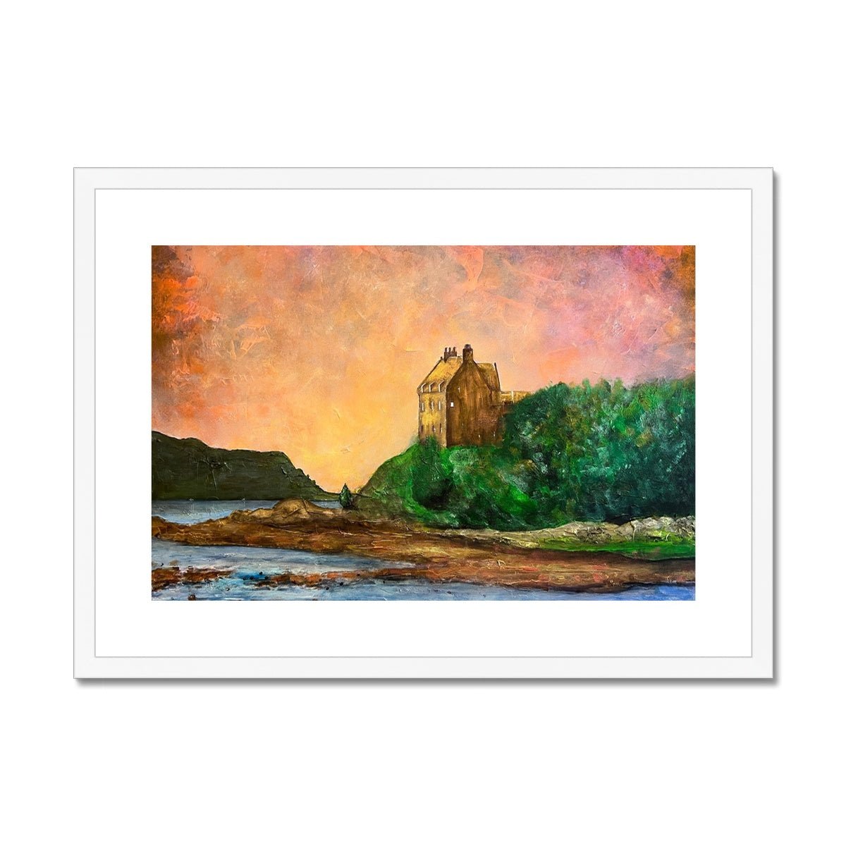 Duntrune Castle Painting | Framed & Mounted Prints From Scotland-Framed & Mounted Prints-Historic & Iconic Scotland Art Gallery-A2 Landscape-White Frame-Paintings, Prints, Homeware, Art Gifts From Scotland By Scottish Artist Kevin Hunter