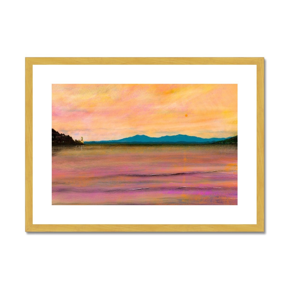 Dusk Over Arran & The Cloch Lighthouse Painting | Antique Framed & Mounted Prints From Scotland-Antique Framed & Mounted Prints-Arran Art Gallery-A2 Landscape-Gold Frame-Paintings, Prints, Homeware, Art Gifts From Scotland By Scottish Artist Kevin Hunter
