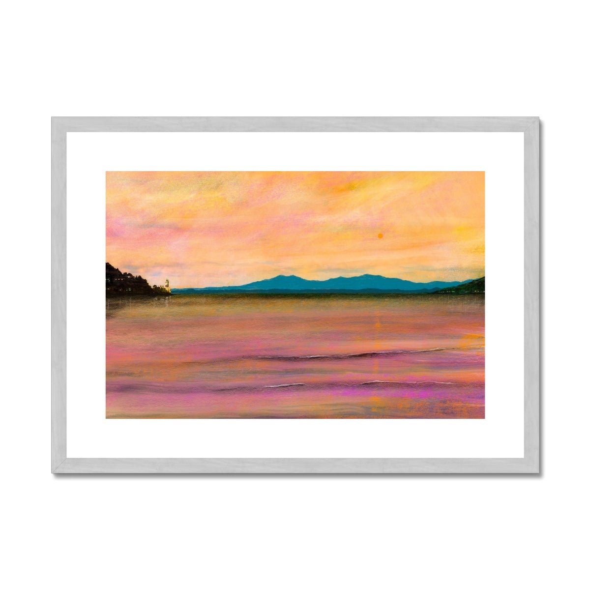 Dusk Over Arran & The Cloch Lighthouse Painting | Antique Framed & Mounted Prints From Scotland-Antique Framed & Mounted Prints-Arran Art Gallery-A2 Landscape-Silver Frame-Paintings, Prints, Homeware, Art Gifts From Scotland By Scottish Artist Kevin Hunter