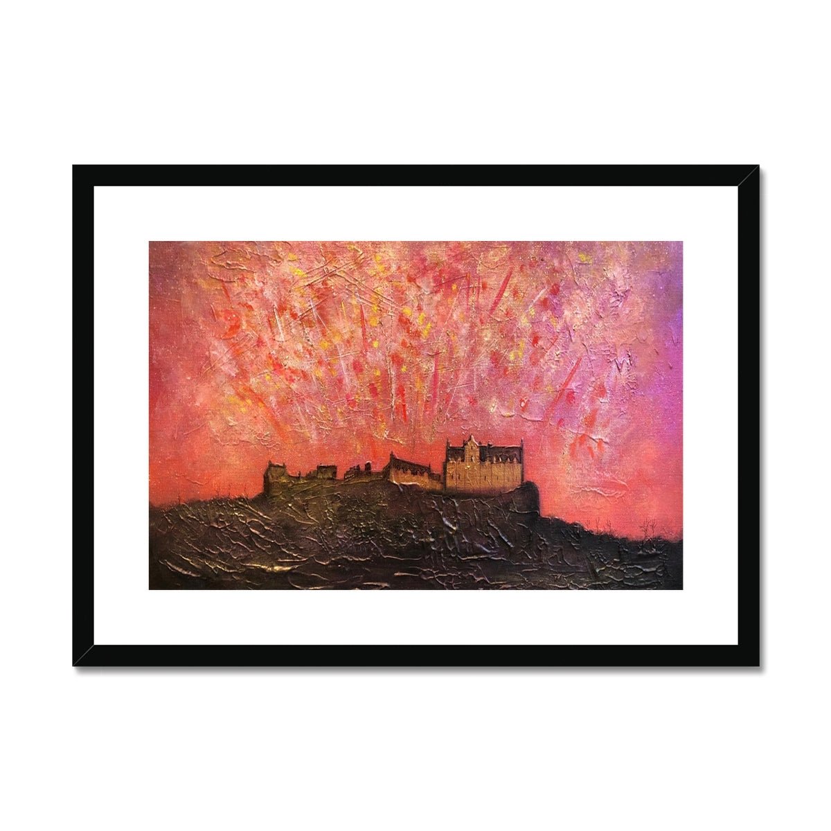 Edinburgh Castle Fireworks Painting | Framed & Mounted Prints From Scotland-Framed & Mounted Prints-Historic & Iconic Scotland Art Gallery-A2 Landscape-Black Frame-Paintings, Prints, Homeware, Art Gifts From Scotland By Scottish Artist Kevin Hunter