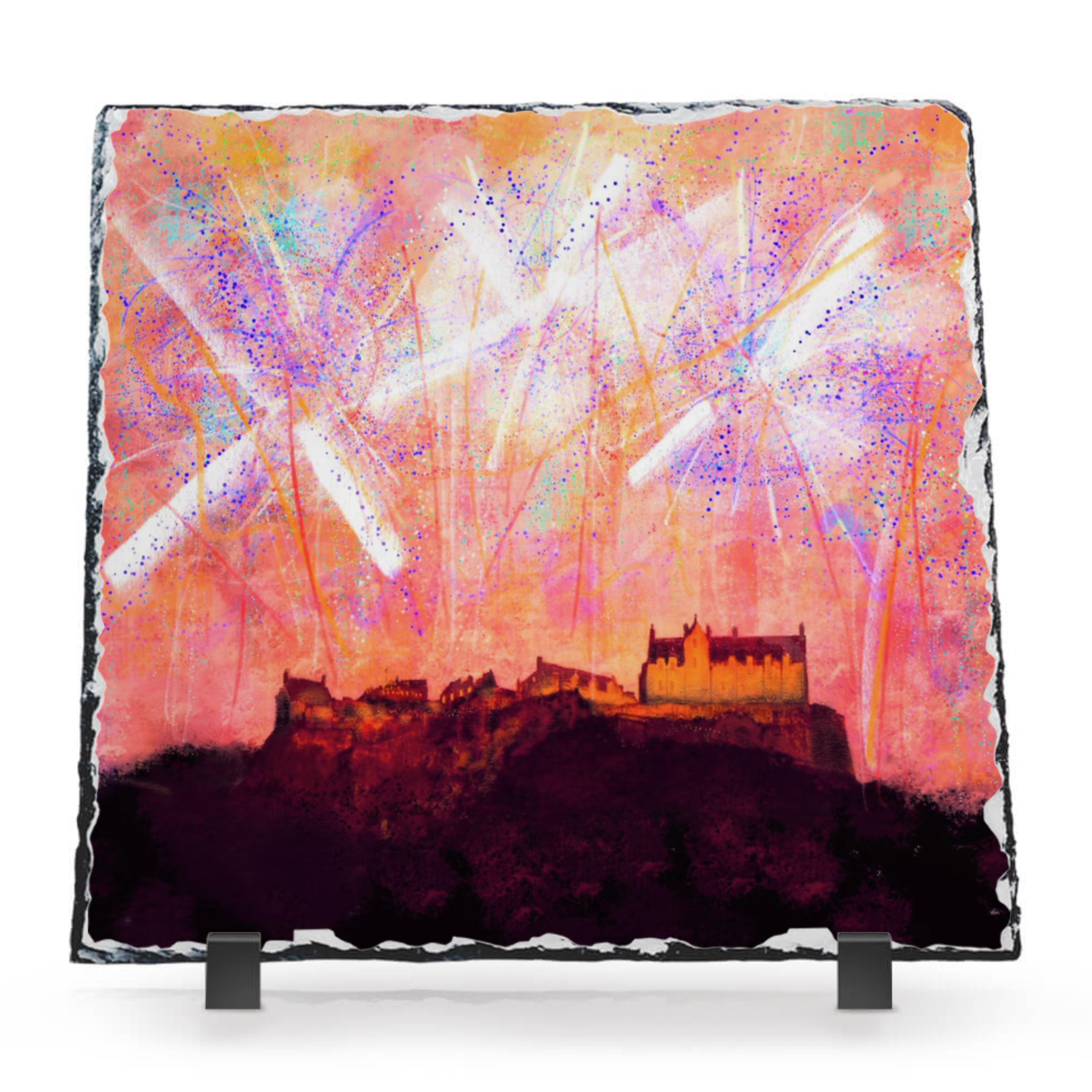 Edinburgh Castle Fireworks Scottish Slate Art | Edinburgh & Glasgow Art Gallery | Paintings, Prints, Homeware and Art Gifts From Scotland By Scottish Artist Kevin Hunter