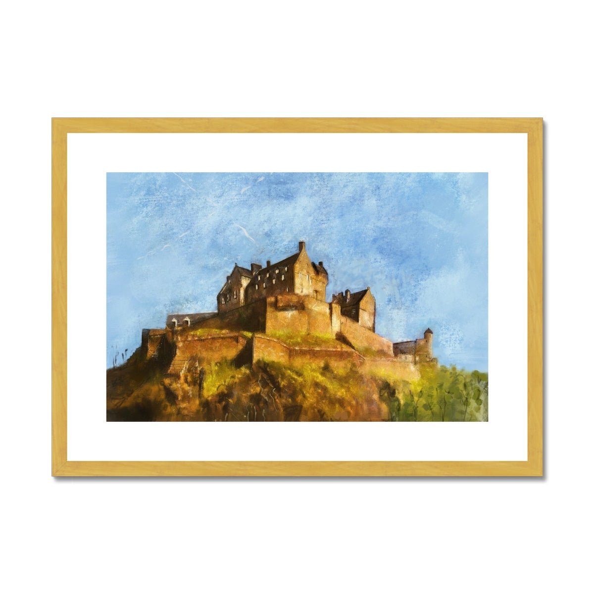 Edinburgh Castle Painting | Antique Framed & Mounted Prints From Scotland-Antique Framed & Mounted Prints-Historic & Iconic Scotland Art Gallery-A2 Landscape-Gold Frame-Paintings, Prints, Homeware, Art Gifts From Scotland By Scottish Artist Kevin Hunter