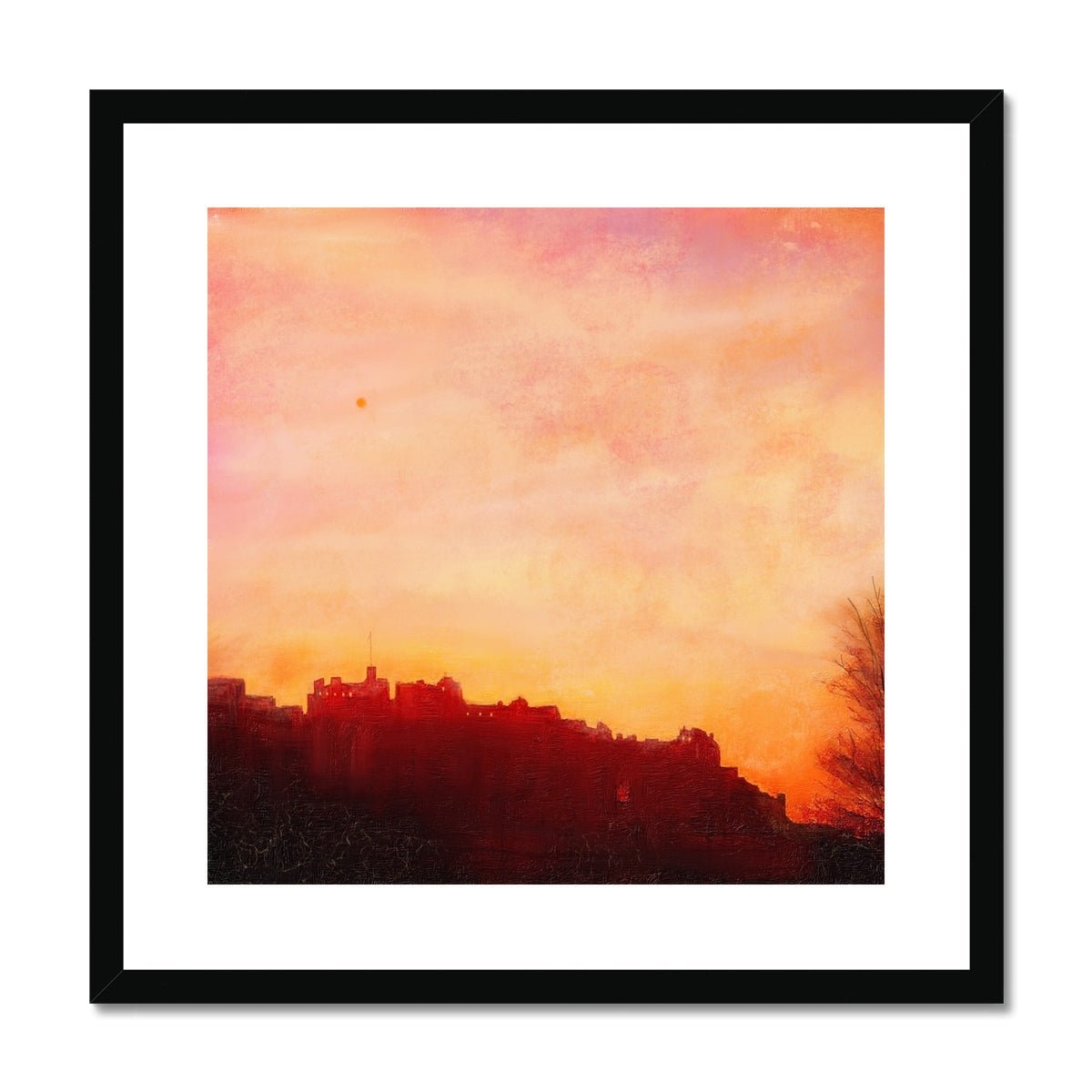 Edinburgh Castle Sunset Painting | Framed & Mounted Prints From Scotland-Framed & Mounted Prints-Historic & Iconic Scotland Art Gallery-20"x20"-Black Frame-Paintings, Prints, Homeware, Art Gifts From Scotland By Scottish Artist Kevin Hunter