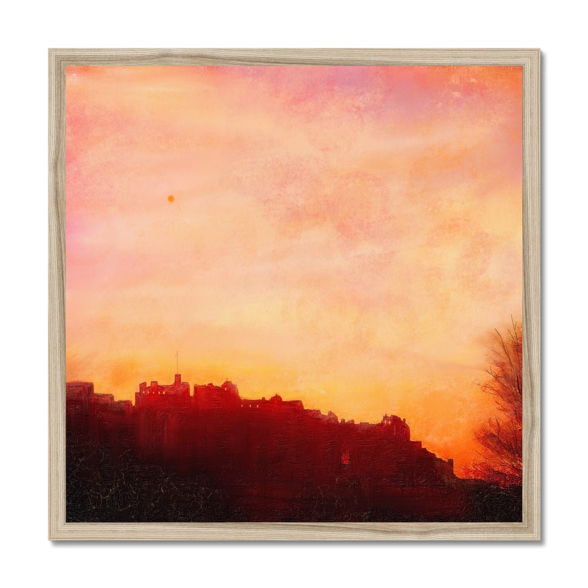 Edinburgh Castle Sunset Painting | Framed Prints From Scotland-Framed Prints-Historic & Iconic Scotland Art Gallery-20"x20"-Natural Frame-Paintings, Prints, Homeware, Art Gifts From Scotland By Scottish Artist Kevin Hunter