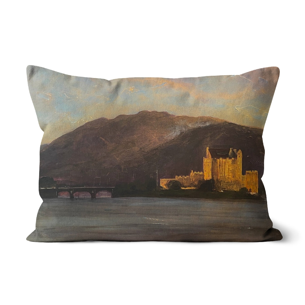 Eilean Donan Castle Art Gifts Cushion | Historic &amp; Iconic Scotland Art Gallery | Paintings, Prints, Homeware and Art Gifts From Scotland By Scottish Artist Kevin Hunter