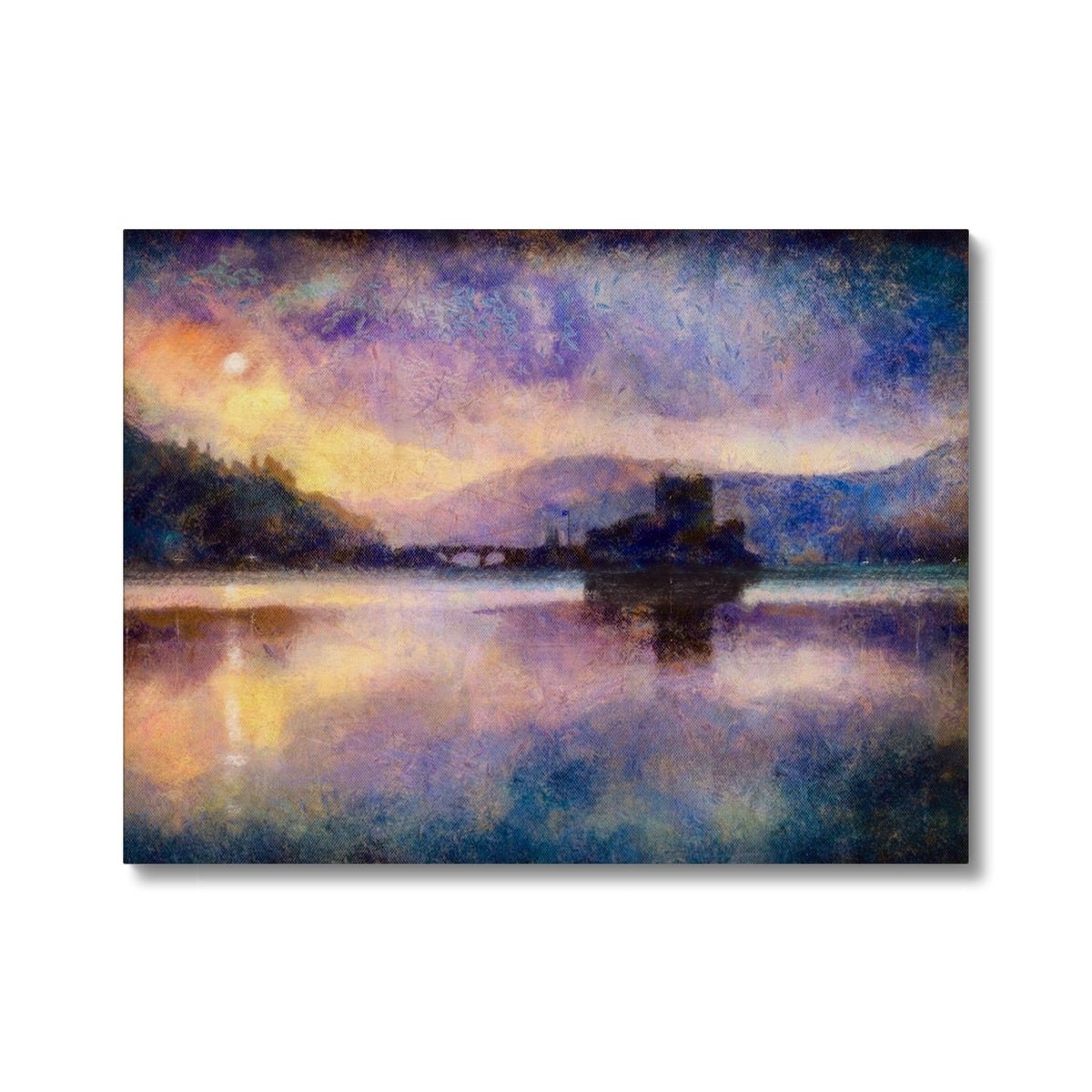 Eilean Donan Castle Moonlight Painting | Canvas From Scotland-Contemporary Stretched Canvas Prints-Historic & Iconic Scotland Art Gallery-24"x18"-Paintings, Prints, Homeware, Art Gifts From Scotland By Scottish Artist Kevin Hunter