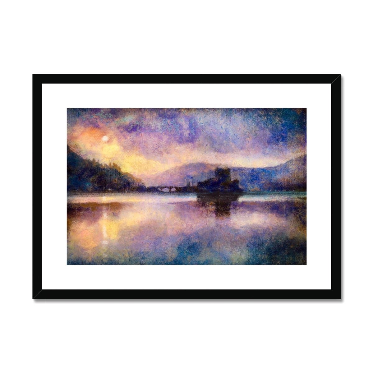 Eilean Donan Castle Moonlight Painting | Framed & Mounted Prints From Scotland-Framed & Mounted Prints-Historic & Iconic Scotland Art Gallery-A2 Landscape-Black Frame-Paintings, Prints, Homeware, Art Gifts From Scotland By Scottish Artist Kevin Hunter