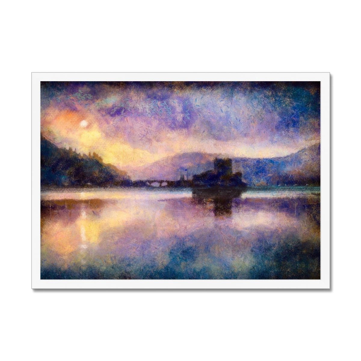 Eilean Donan Castle Moonlight Painting | Framed Prints From Scotland-Framed Prints-Historic & Iconic Scotland Art Gallery-A2 Landscape-White Frame-Paintings, Prints, Homeware, Art Gifts From Scotland By Scottish Artist Kevin Hunter
