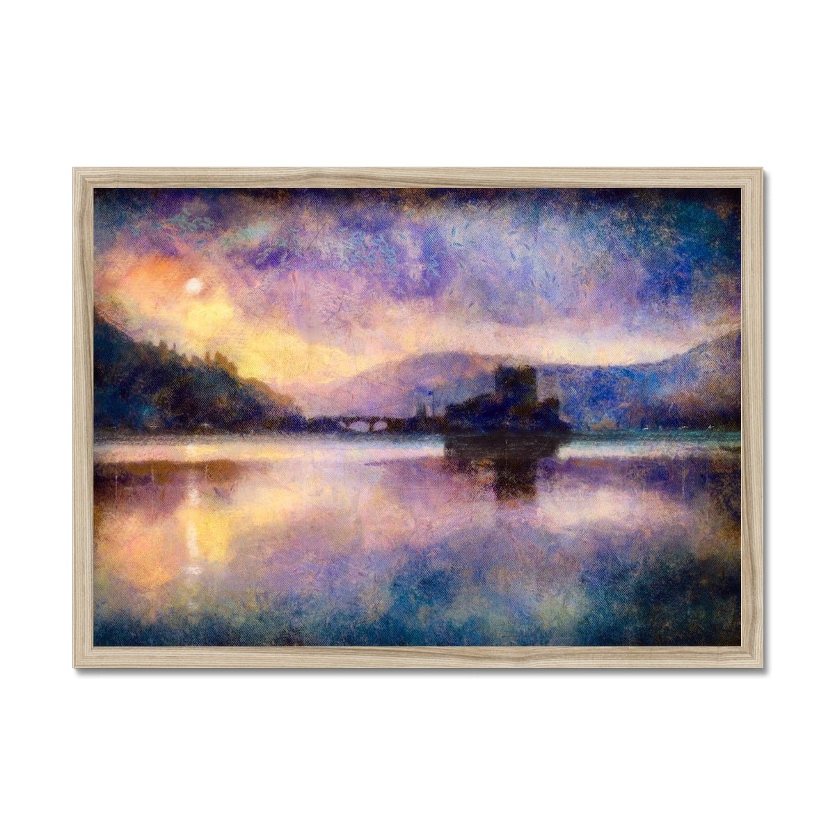 Eilean Donan Castle Moonlight Painting | Framed Prints From Scotland-Framed Prints-Historic & Iconic Scotland Art Gallery-A2 Landscape-Natural Frame-Paintings, Prints, Homeware, Art Gifts From Scotland By Scottish Artist Kevin Hunter