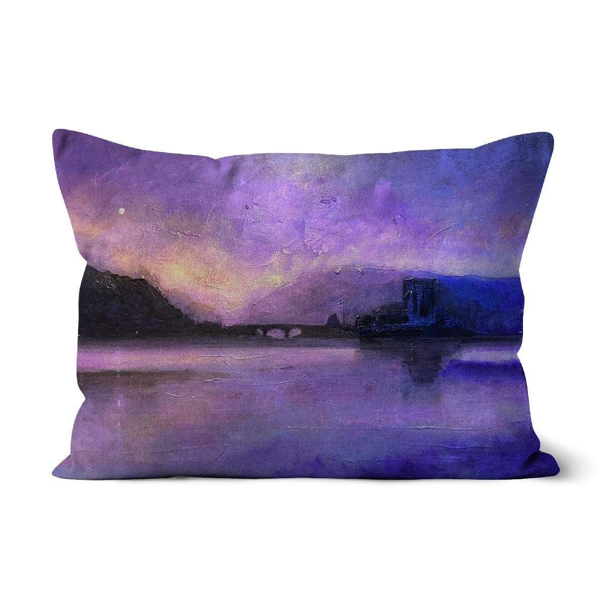 Eilean Donan Castle Moonset Art Gifts Cushion | Historic &amp; Iconic Scotland Art Gallery | Paintings, Prints, Homeware and Art Gifts From Scotland By Scottish Artist Kevin Hunter