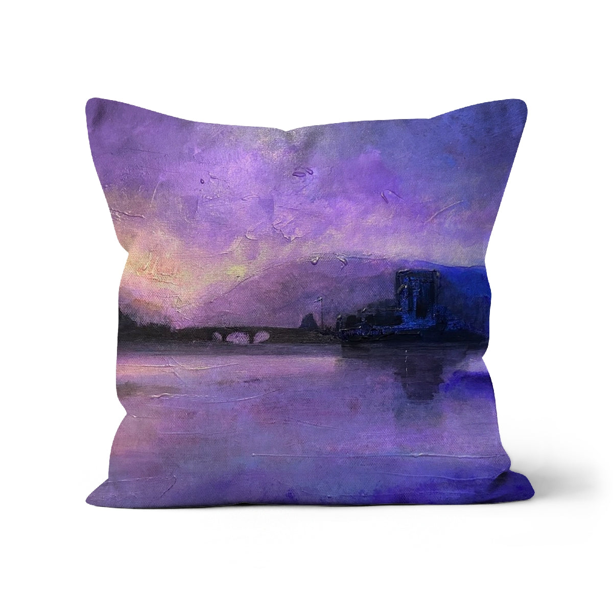 Eilean Donan Castle Moonset Art Gifts Cushion | Historic &amp; Iconic Scotland Art Gallery | Paintings, Prints, Homeware and Art Gifts From Scotland By Scottish Artist Kevin Hunter